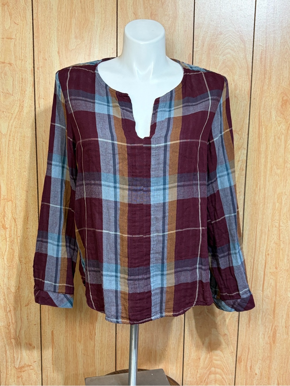 Side Stitch Burgundy Blue Mustard Plaid Split-Neck Blouse SZ - XL